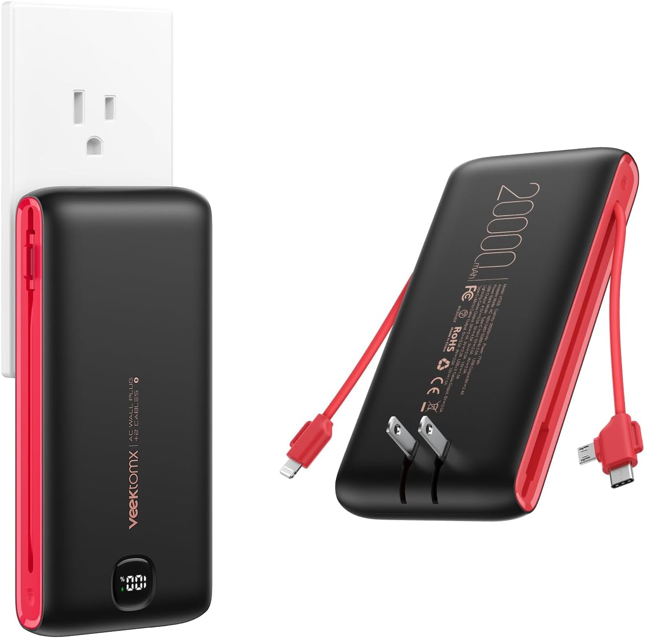 VEEKTOMX 20000mAh power bank with wall plug and cables